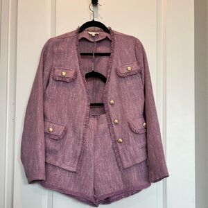 Mystree Pink Tweed Jacket & Shorts Set Gold Button Frayed Trim Small